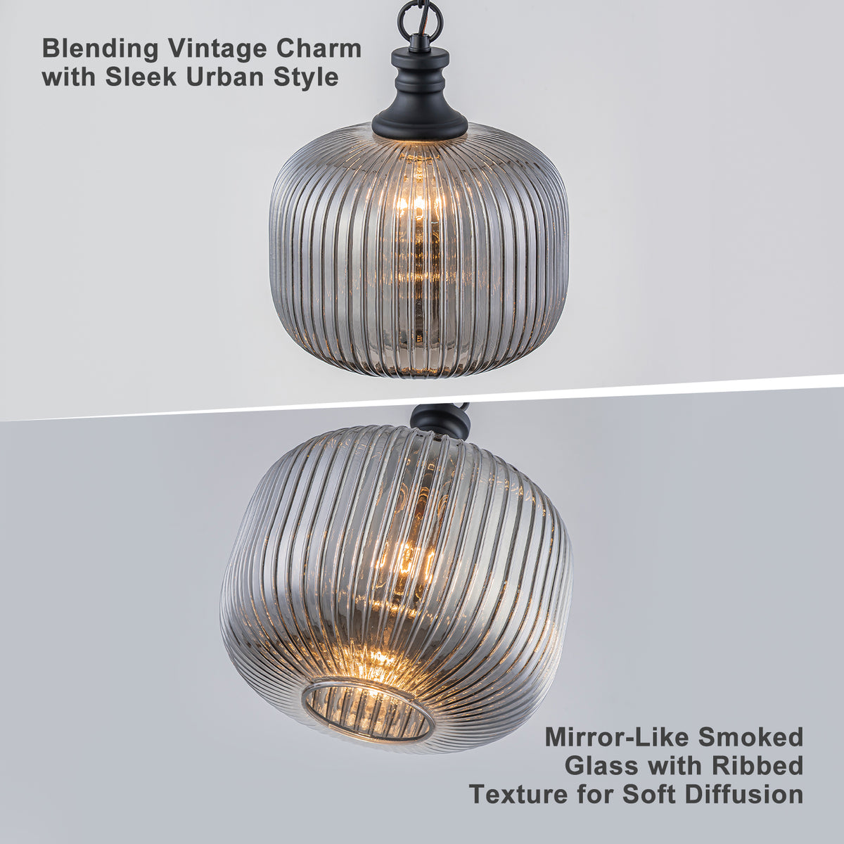 Vintage Ribbed Glass Pendant Light Clear Striped Pumpkin Shade Black - product image 4 | Zenvolit