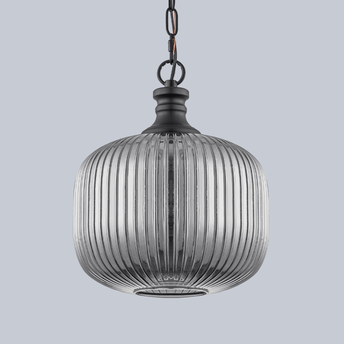 Vintage Ribbed Glass Pendant Light Clear Striped Pumpkin Shade Black - product image 5 | Zenvolit