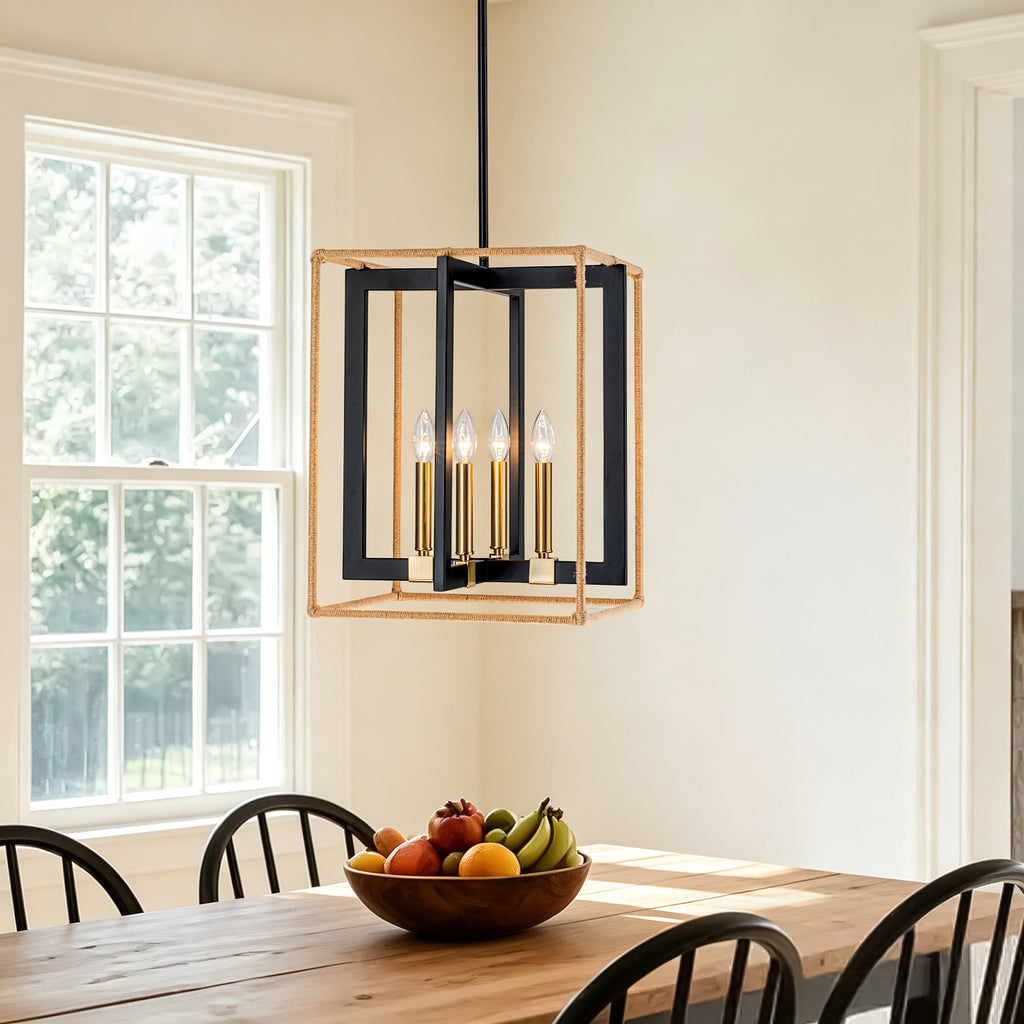 4 Light Cage Pendant Light Black Metal Rope Farmhouse Light Kitchen - product image 1 | Zenvolit