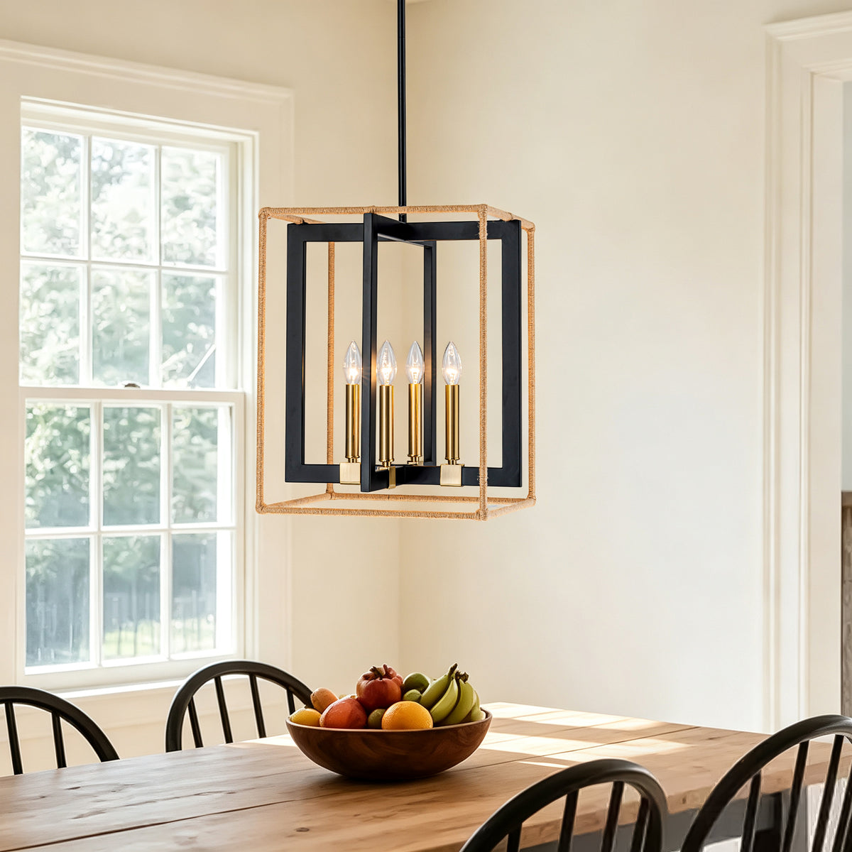 4 Light Cage Pendant Light Black Metal Rope Farmhouse Light Kitchen - product image 1 | Zenvolit