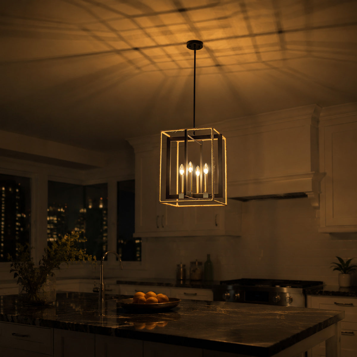 4 Light Cage Pendant Light Black Metal Rope Farmhouse Light Kitchen
