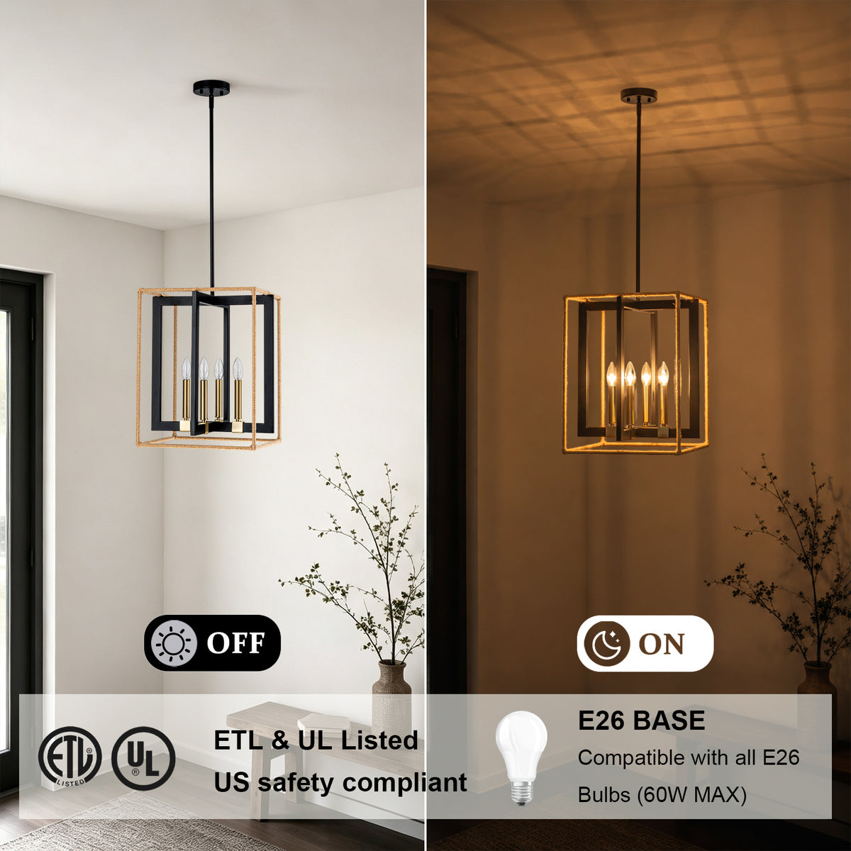 4 Light Cage Pendant Light Black Metal Rope Farmhouse Light Kitchen