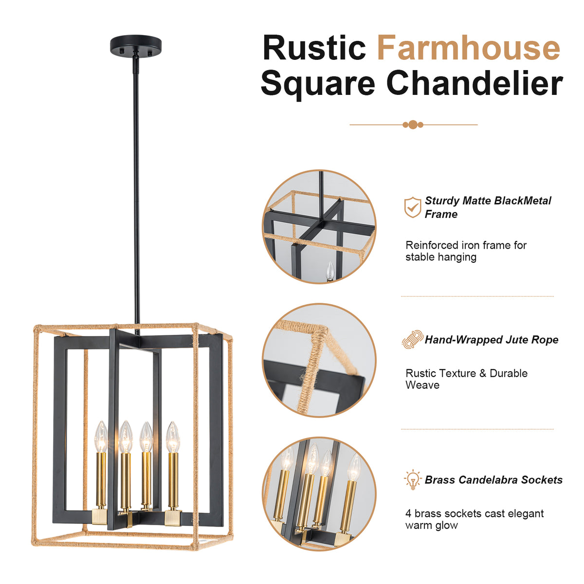 4 Light Cage Pendant Light Black Metal Rope Farmhouse Light Kitchen