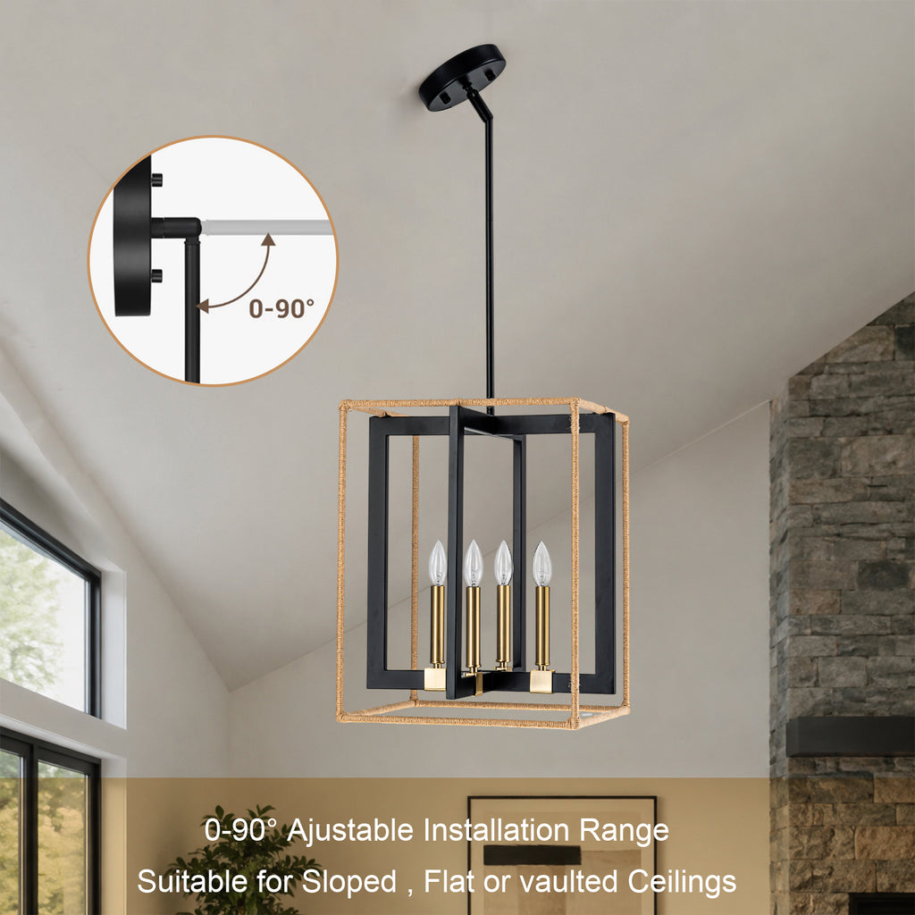 4 Light Cage Pendant Light Black Metal Rope Farmhouse Light Kitchen