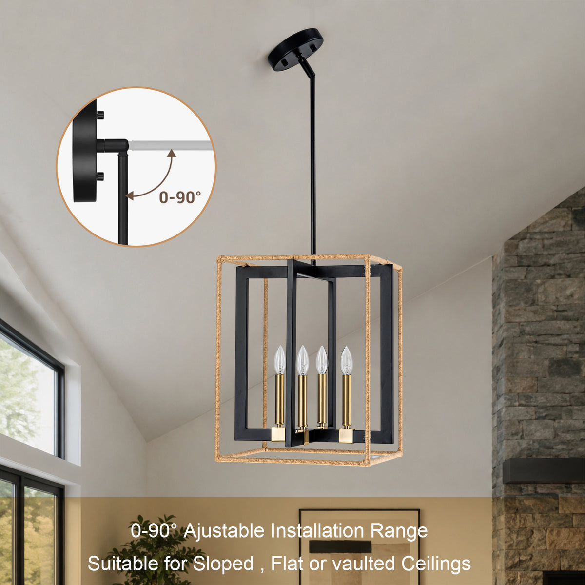 4 Light Cage Pendant Light Black Metal Rope Farmhouse Light Kitchen