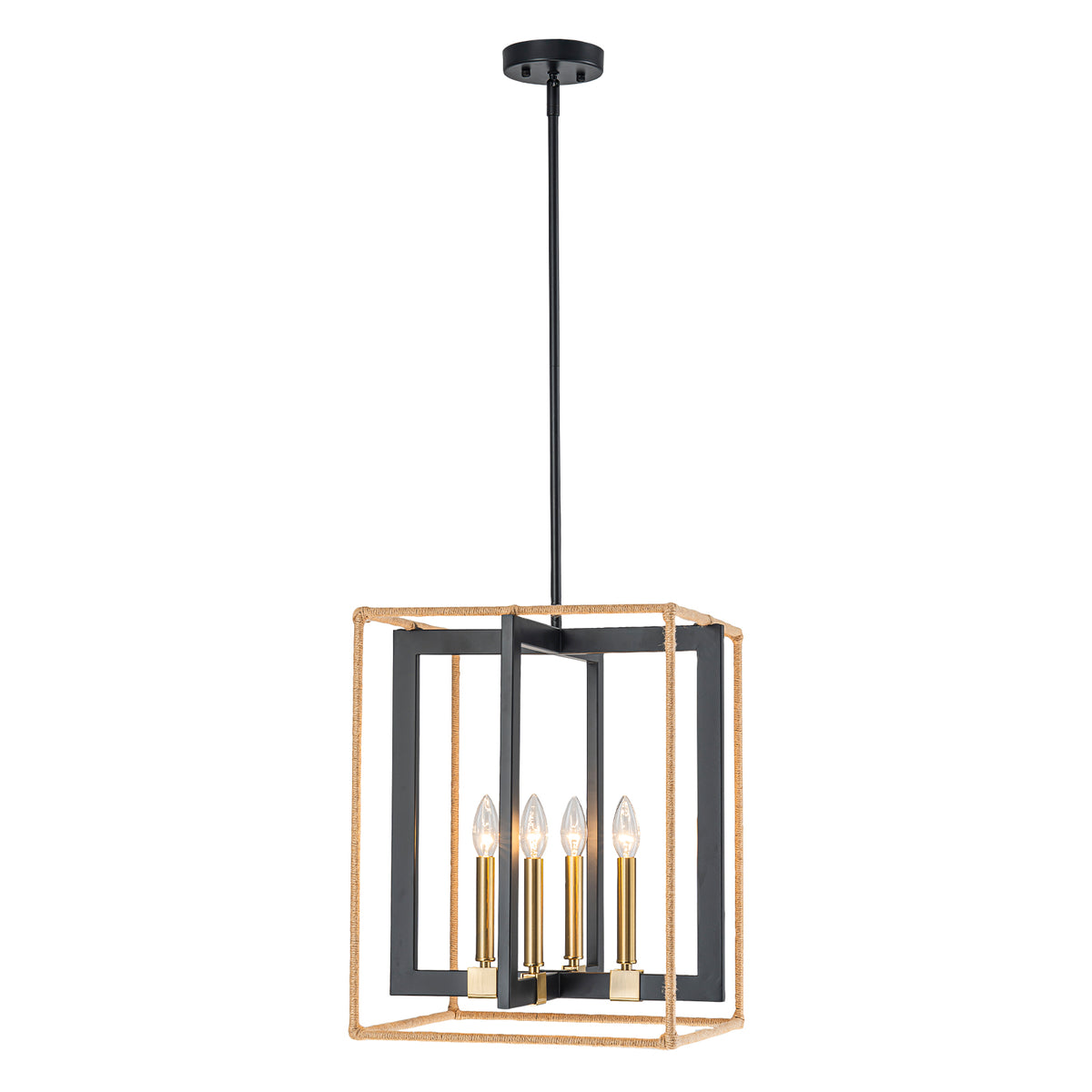4 Light Cage Pendant Light Black Metal Rope Farmhouse Light Kitchen