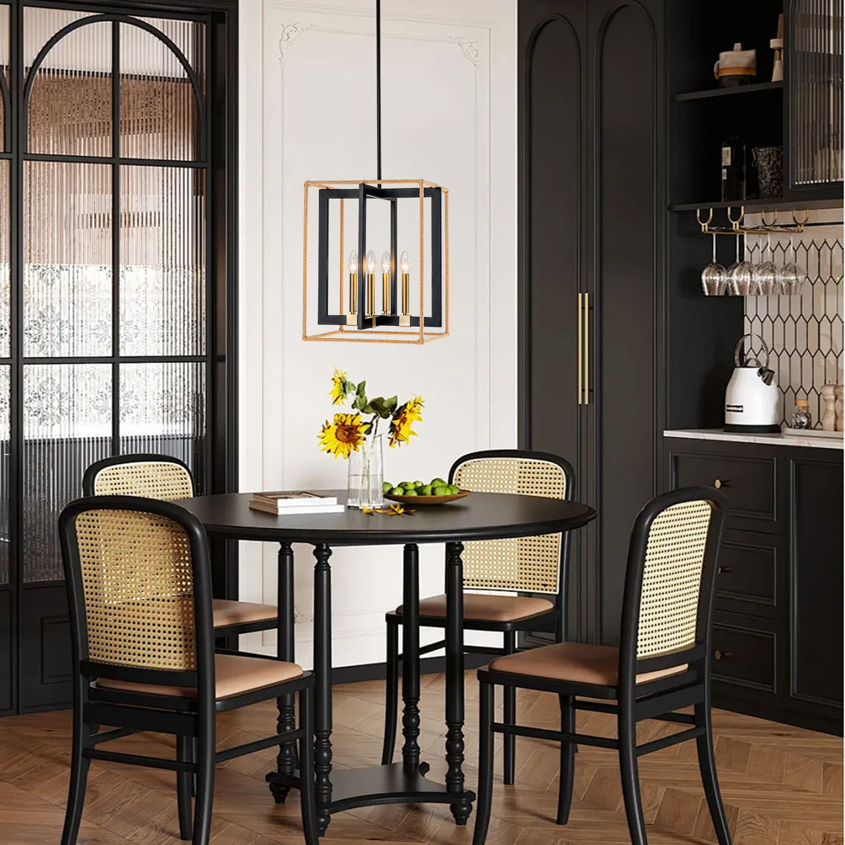 4 Light Cage Pendant Light Black Metal Rope Farmhouse Light Kitchen