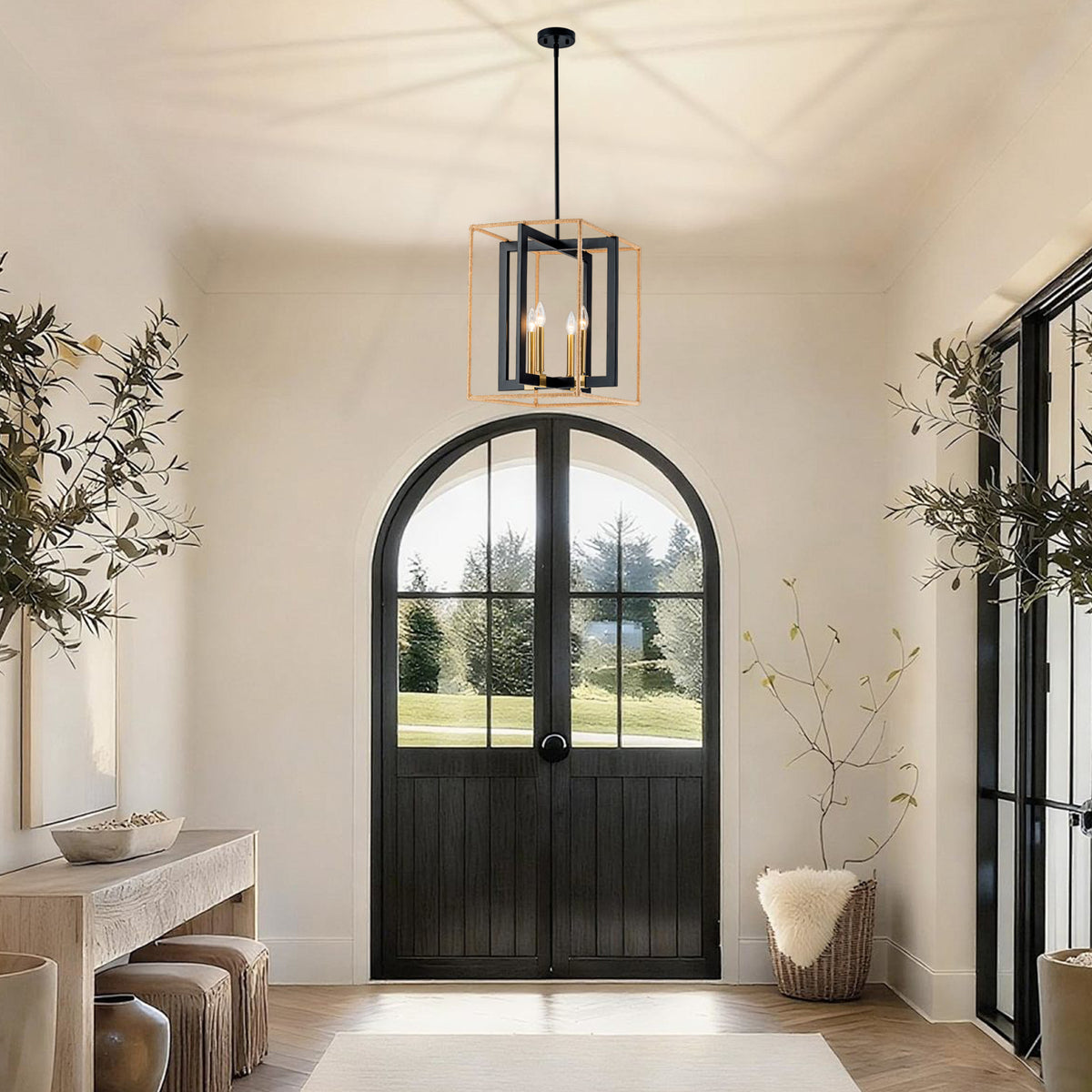 4 Light Cage Pendant Light Black Metal Rope Farmhouse Light Kitchen