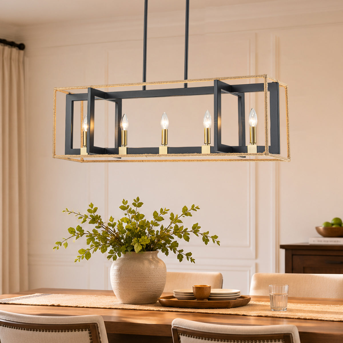 5 Light Chandelier Rope Wrapped Frame Farmhouse Linear Kitchen Island - product image 1 | Zenvolit