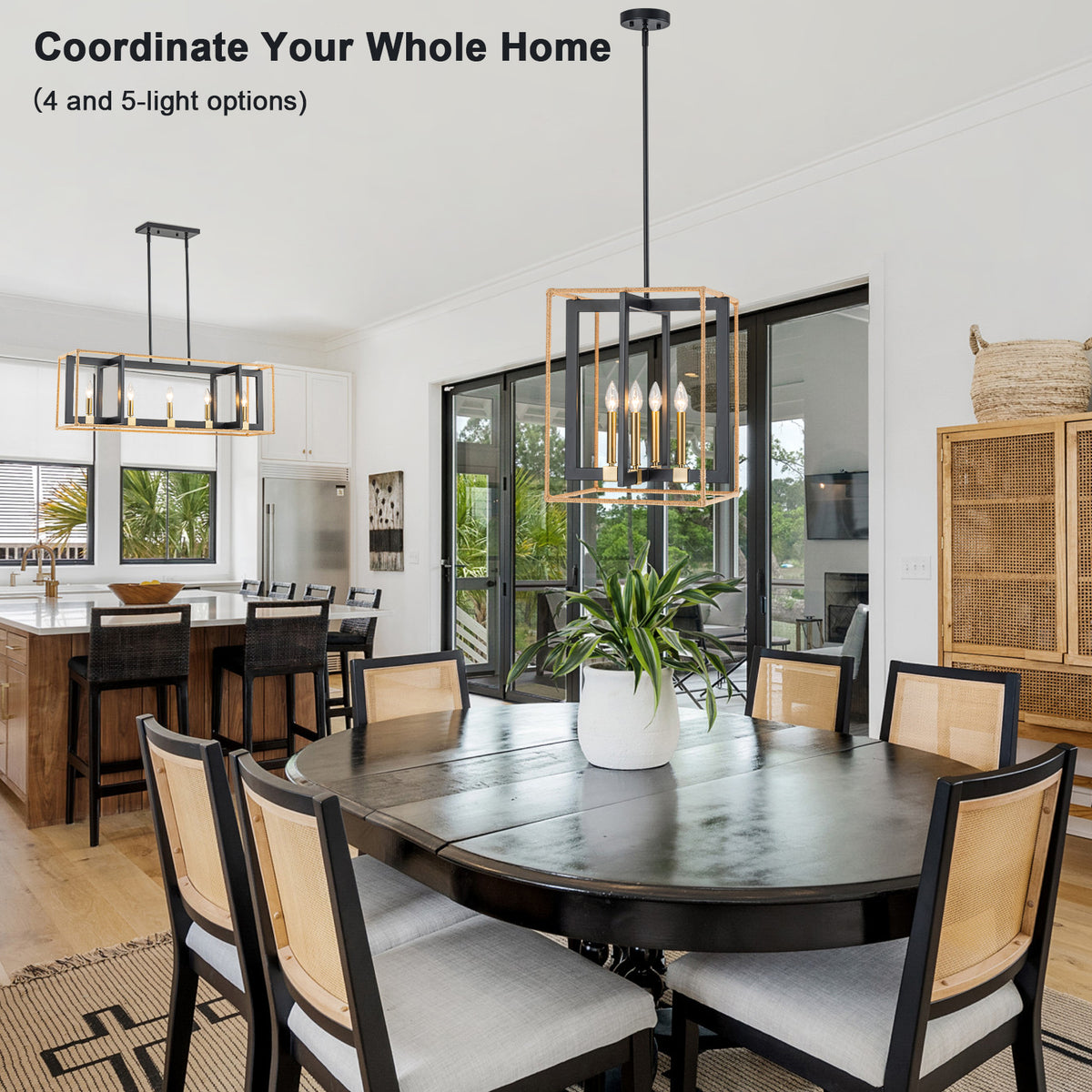 5 Light Chandelier Rope Wrapped Frame Farmhouse Linear Kitchen Island