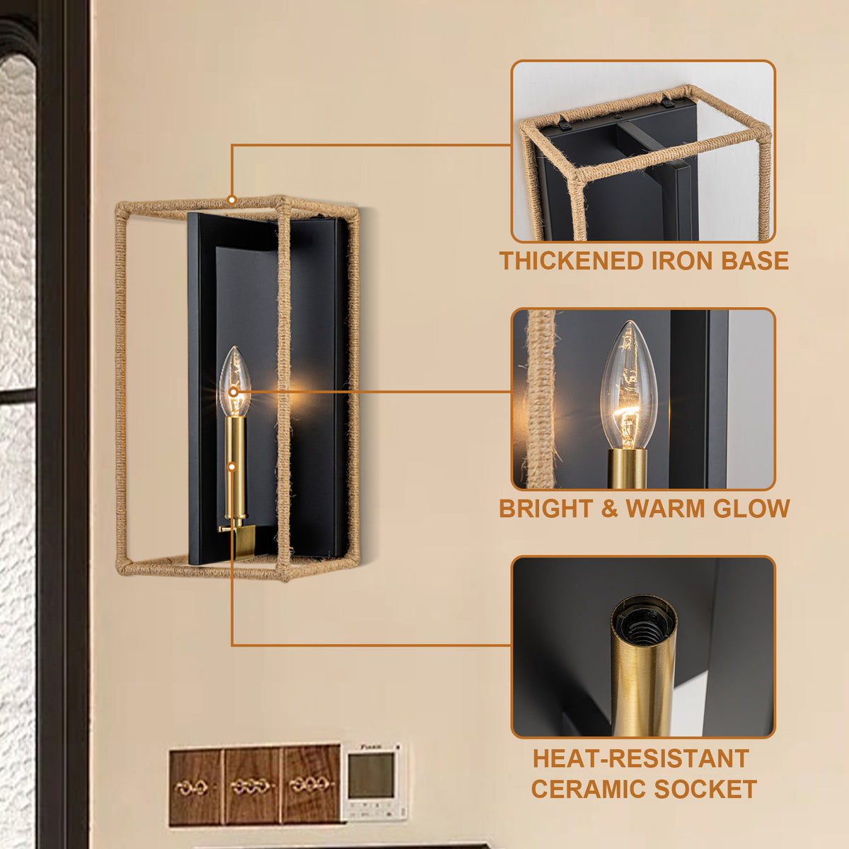 Rope Cage Wall Sconce Black Metal Farmhouse Wall Light Hallway - product image 11 | Zenvolit