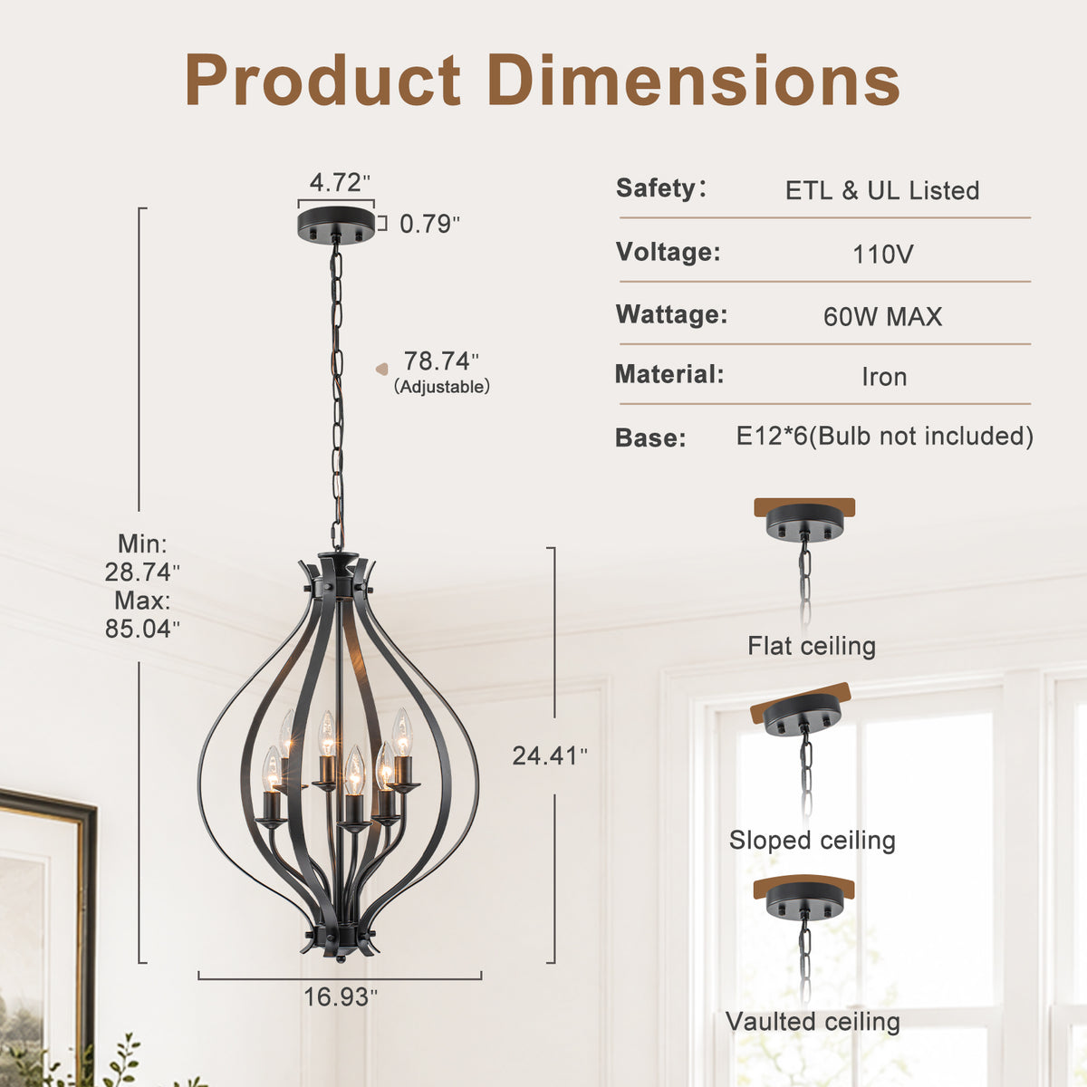 6 Light Geometric Chandelier Modern Black Metal Cage Pendant Light - product image 10 | Zenvolit