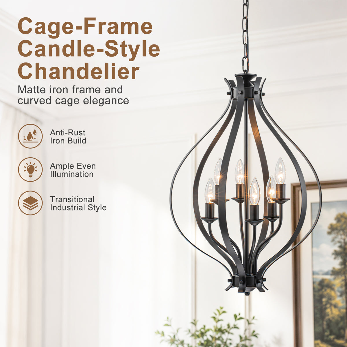 6 Light Geometric Chandelier Modern Black Metal Cage Pendant Light - product image 11 | Zenvolit
