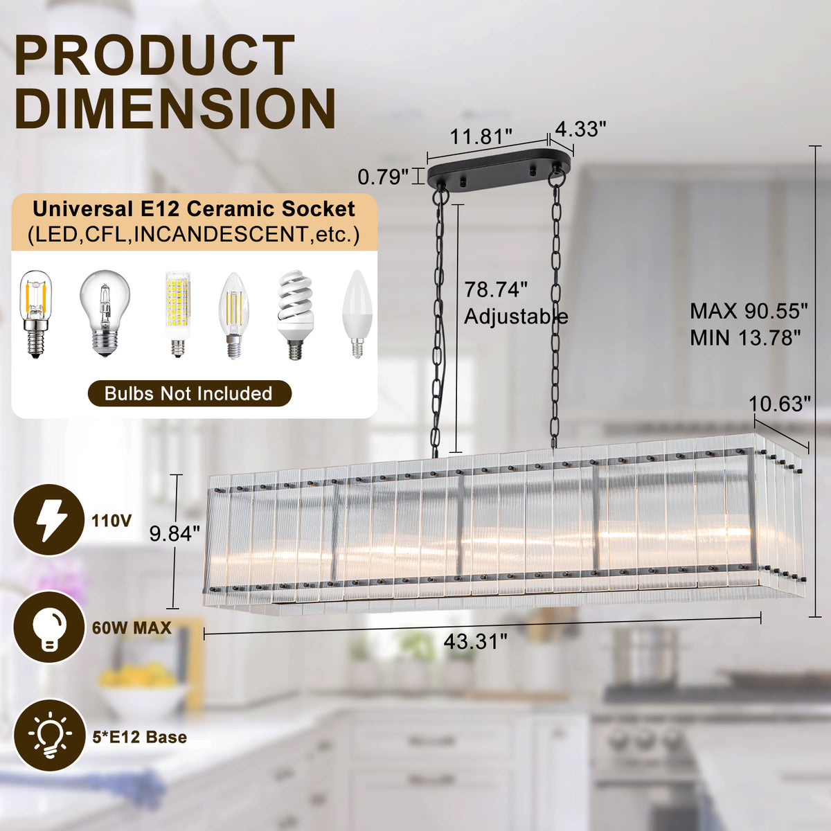 Linear Pendant Light Modern Rectangular Chandelier Ribbed Glass Panels - product image 3 | Zenvolit