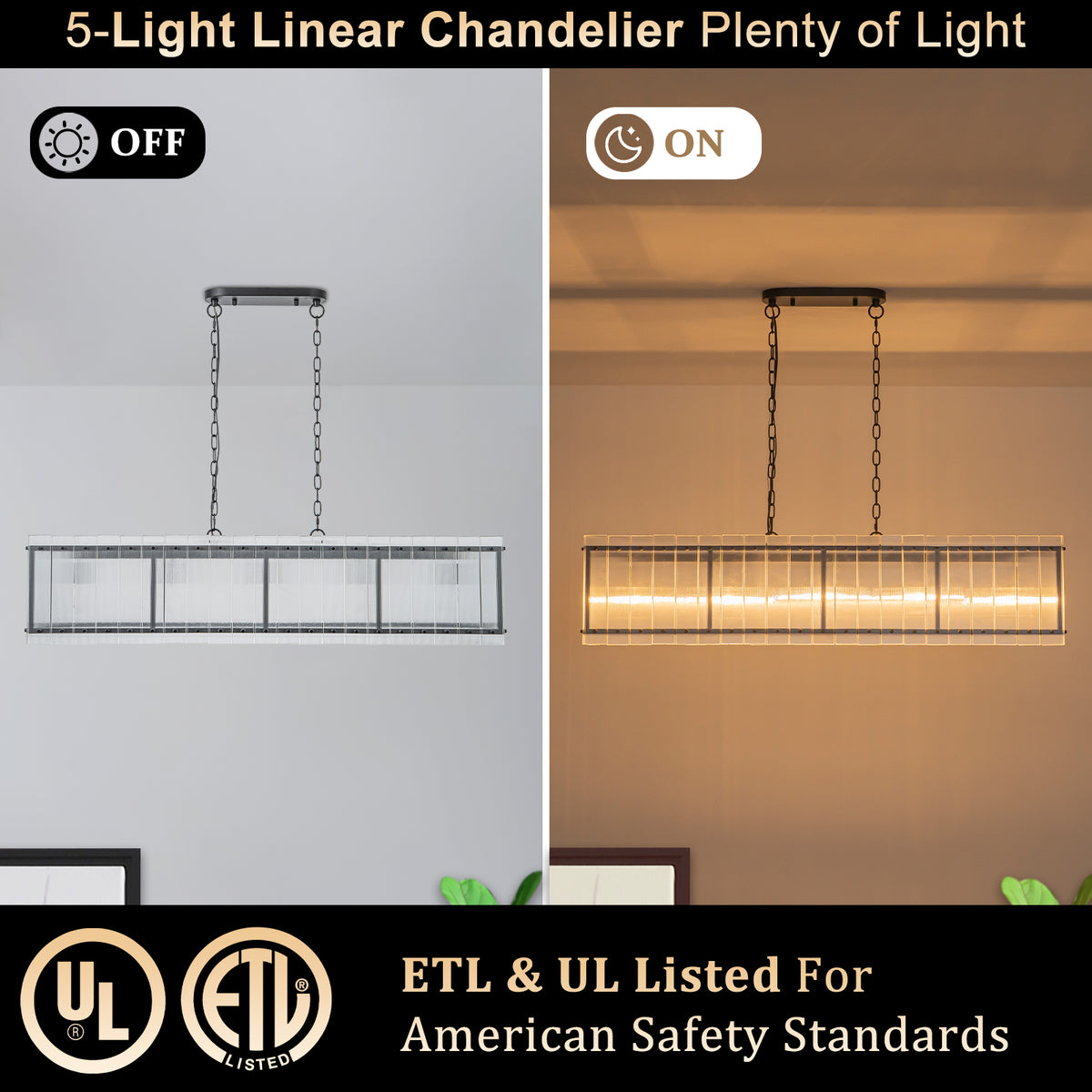 Linear Pendant Light Modern Rectangular Chandelier Ribbed Glass Panels - product image 4 | Zenvolit