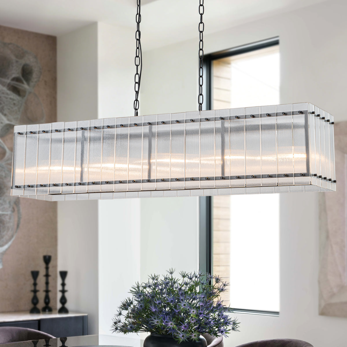 Linear Pendant Light Modern Rectangular Chandelier Ribbed Glass Panels - product image 14 | Zenvolit