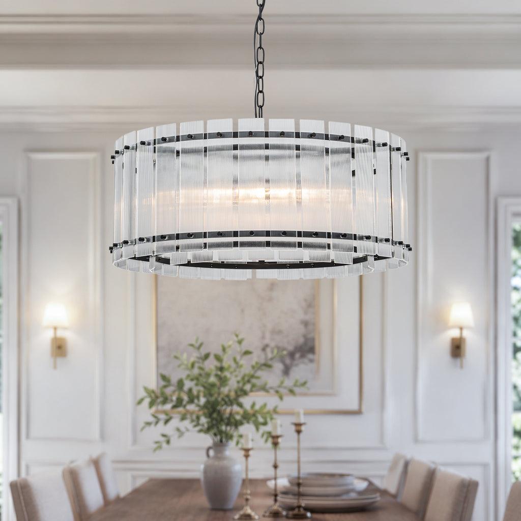 6 Light Round Ring Chandelier Ribbed Glass Pendant Light Circular - product image 2 | Zenvolit