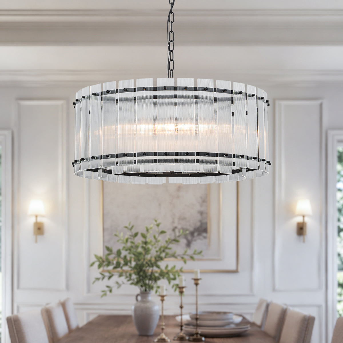6 Light Round Ring Chandelier Ribbed Glass Pendant Light Circular - product image 2 | Zenvolit