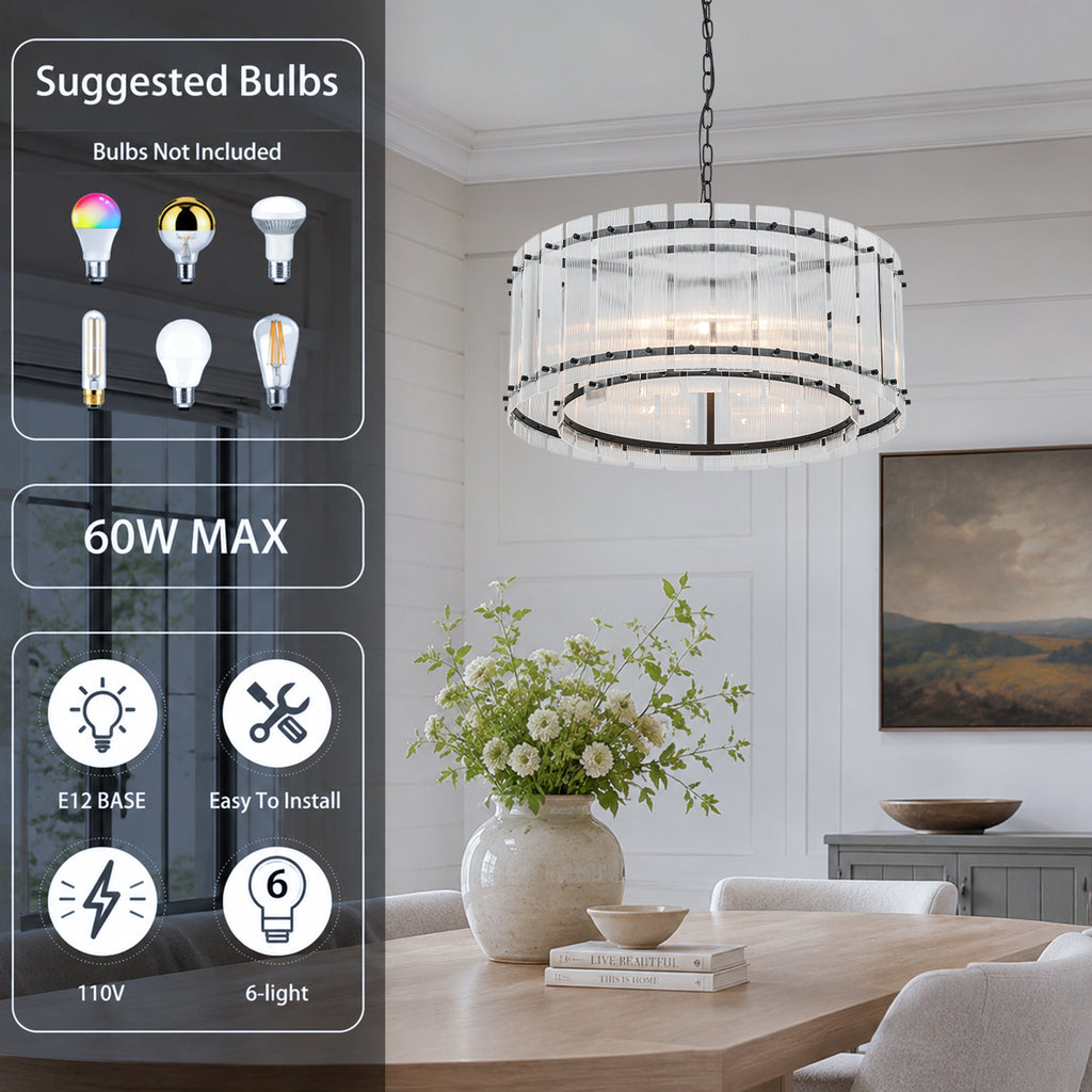 6 Light Round Ring Chandelier Ribbed Glass Pendant Light Circular - product image 9 | Zenvolit