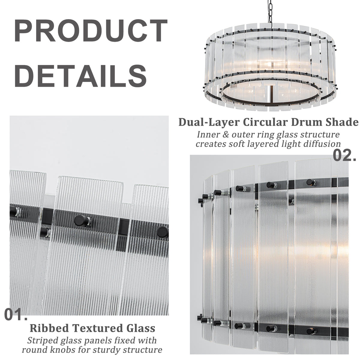 6 Light Round Ring Chandelier Ribbed Glass Pendant Light Circular - product image 10 | Zenvolit