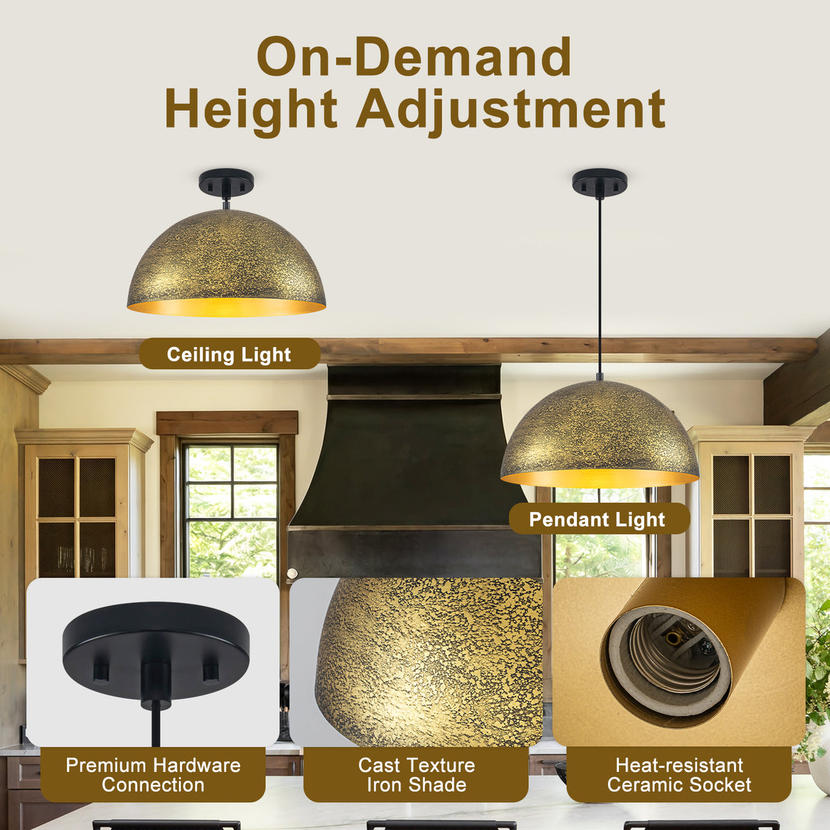 15.75 inch Dome Pendant Light Brown Textured Metal Shade Industrial Farmhouse - product image 9 | Zenvolit