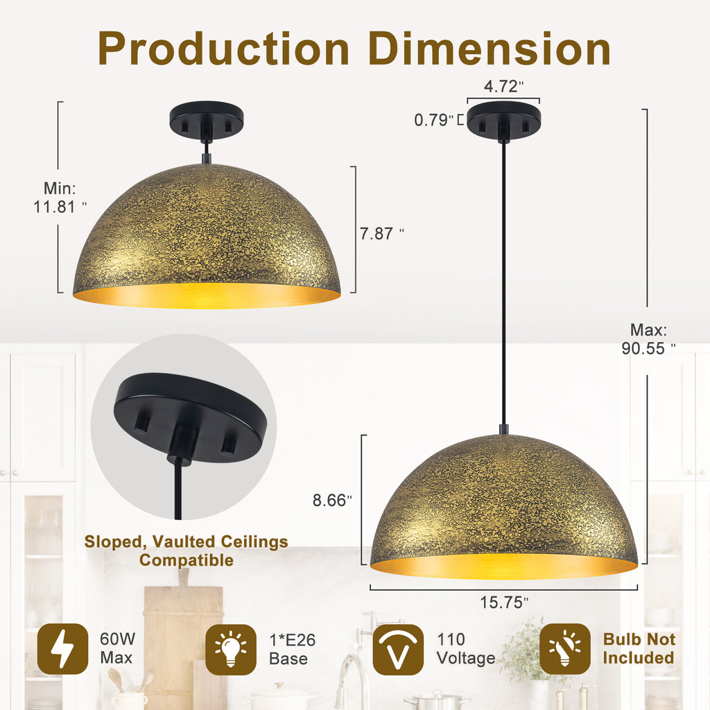 15.75 inch Dome Pendant Light Brown Textured Metal Shade Industrial Farmhouse - product image 12 | Zenvolit