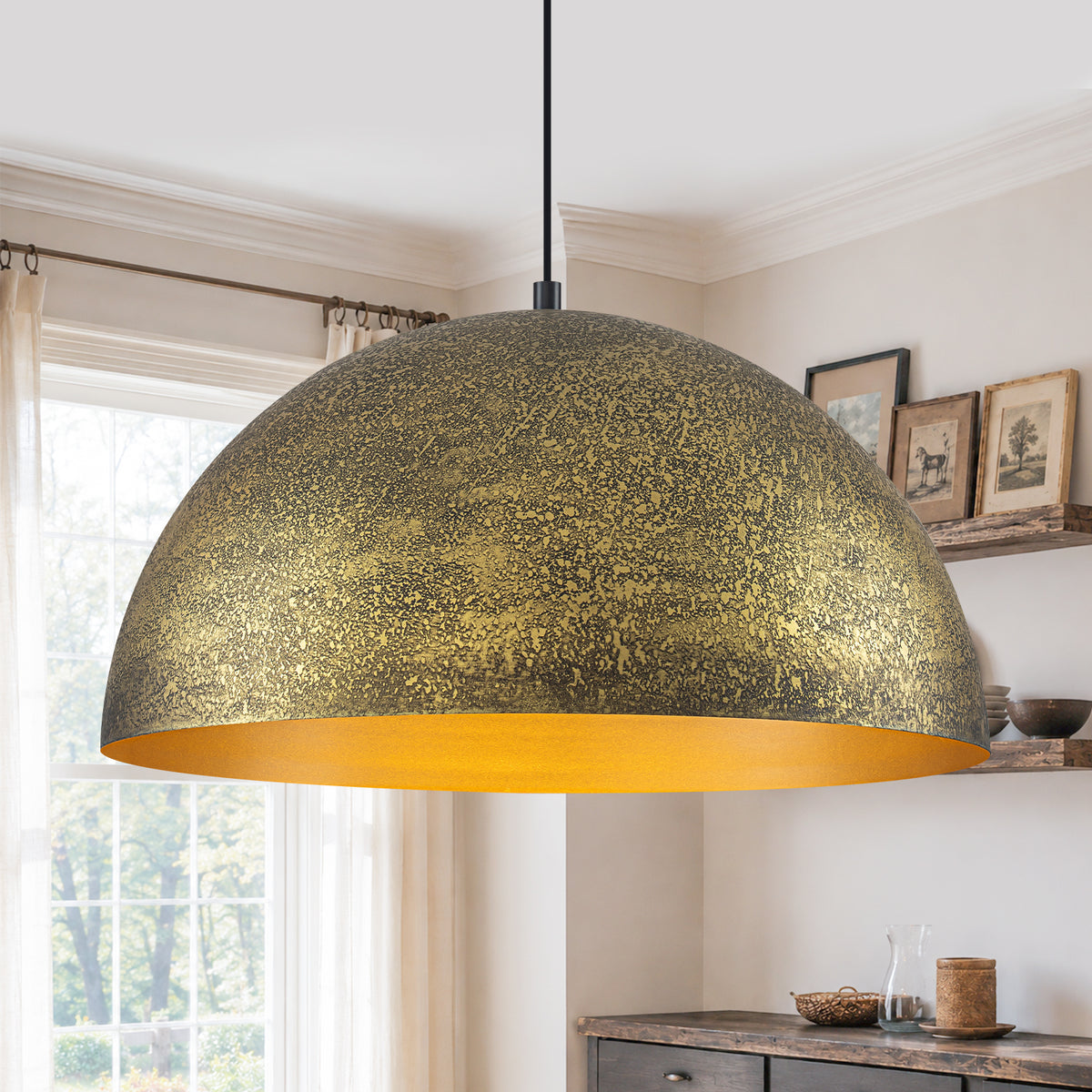 23.62 inch Dome Pendant Light Brown Textured Metal Shade Industrial Farmhouse - product image 2 | Zenvolit