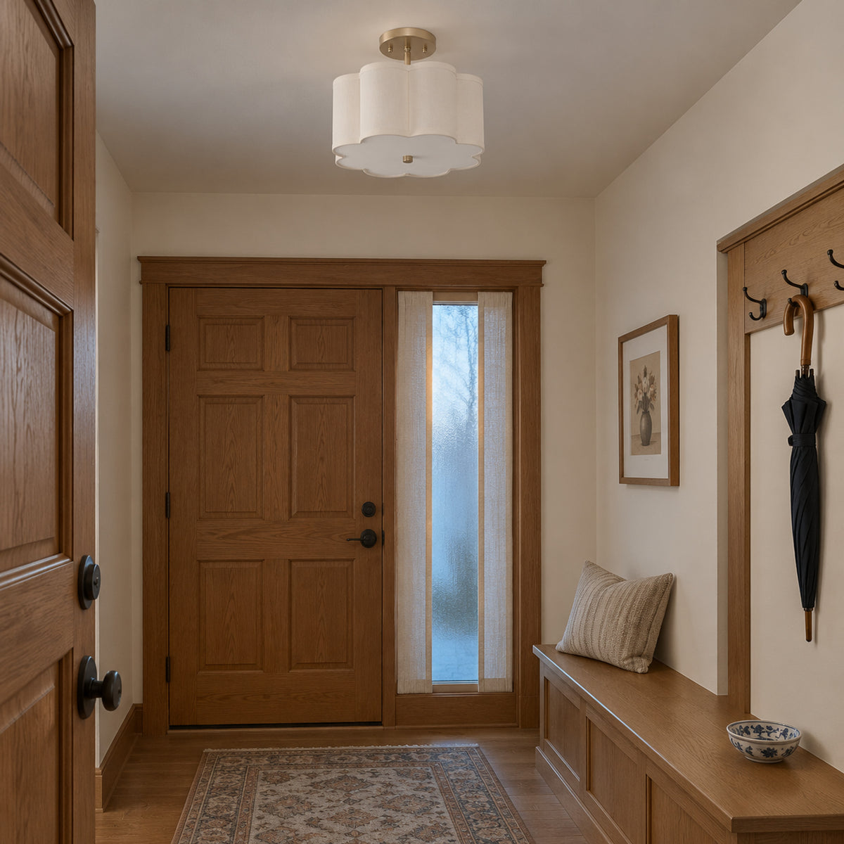 3-Light Gold Semi-Flush Mount Ceiling Light White Linen Shade Hallway - product image 2 | Zenvolit