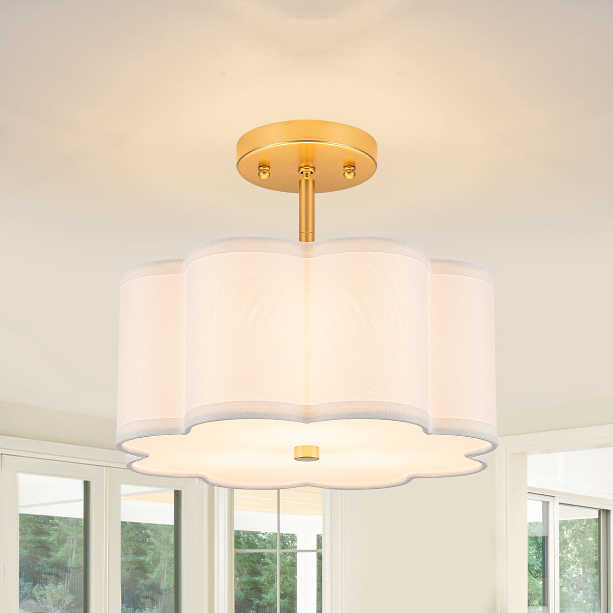 3-Light Gold Semi-Flush Mount Ceiling Light White Linen Shade Hallway - product image 4 | Zenvolit