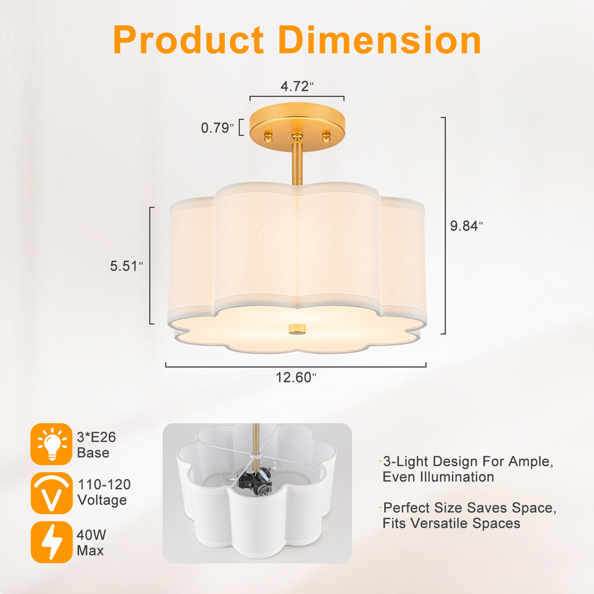 3-Light Gold Semi-Flush Mount Ceiling Light White Linen Shade Hallway - product image 8 | Zenvolit
