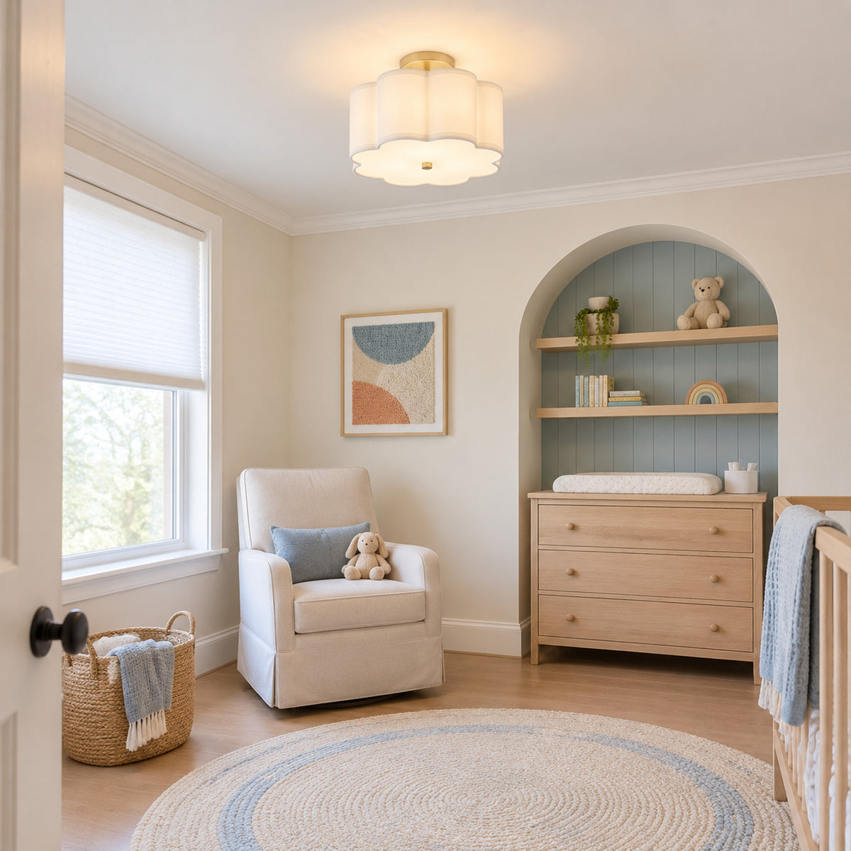 3-Light Gold Semi-Flush Mount Ceiling Light White Linen Shade Hallway - product image 11 | Zenvolit