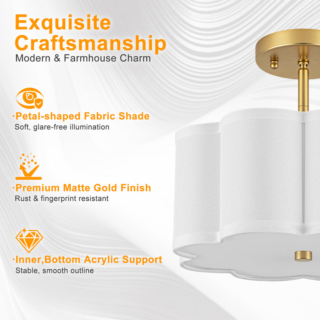 3-Light Gold Semi-Flush Mount Ceiling Light White Linen Shade Hallway - product image 16 | Zenvolit