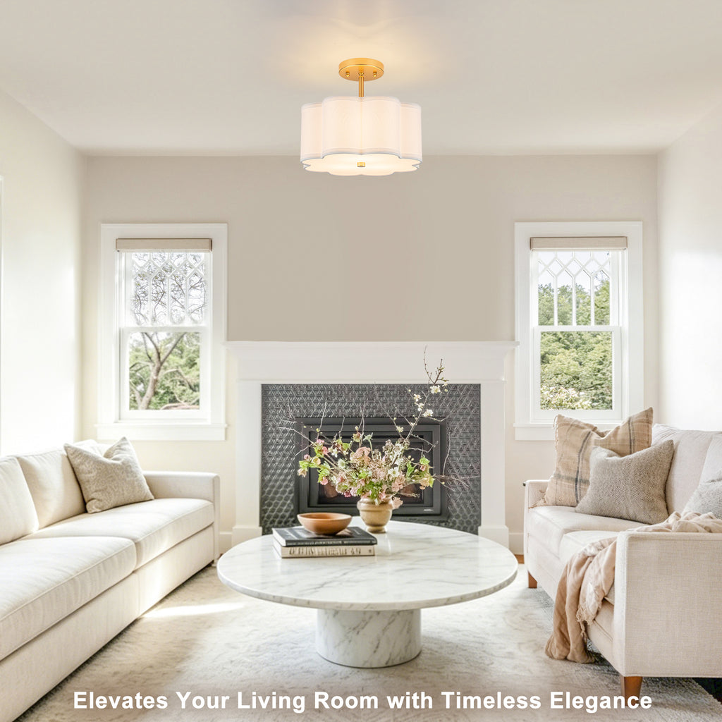 3-Light Gold Semi-Flush Mount Ceiling Light White Linen Shade Hallway - product image 26 | Zenvolit