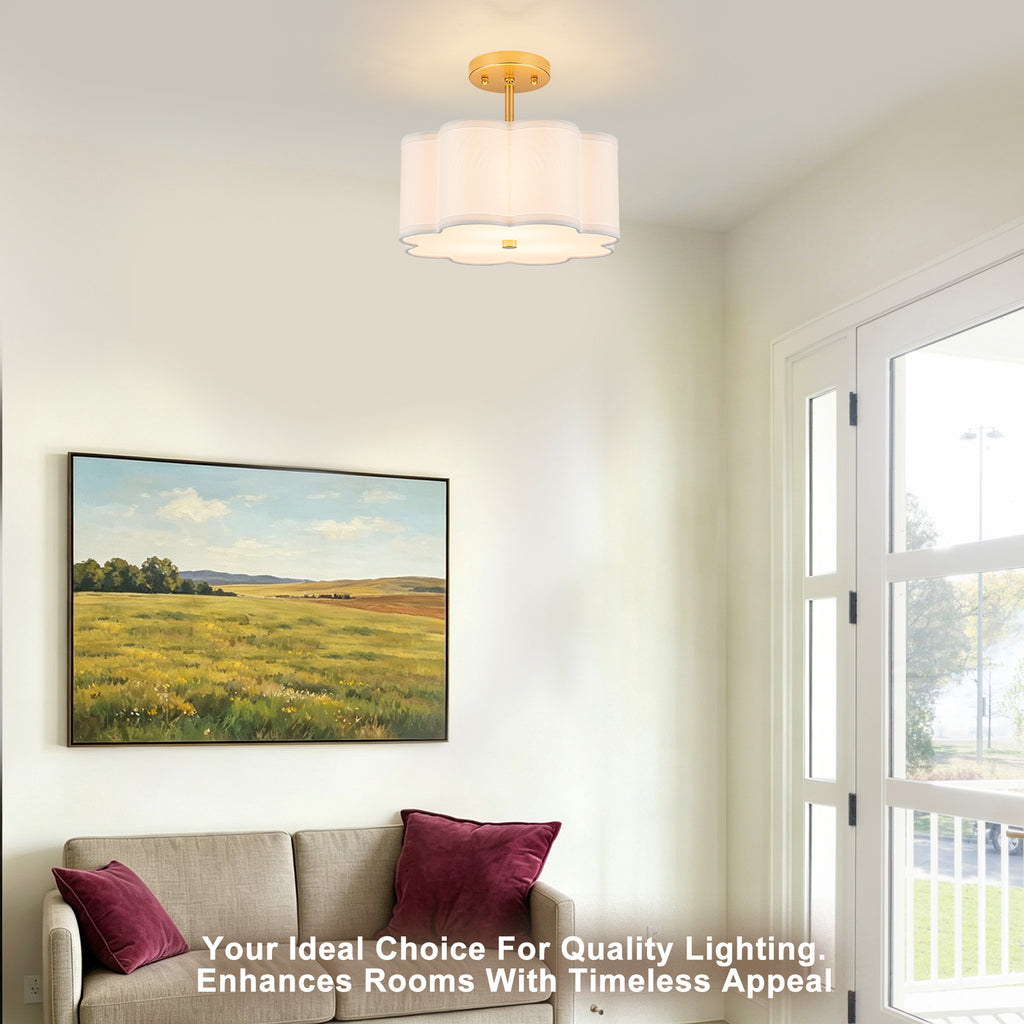 3-Light Gold Semi-Flush Mount Ceiling Light White Linen Shade Hallway - product image 27 | Zenvolit