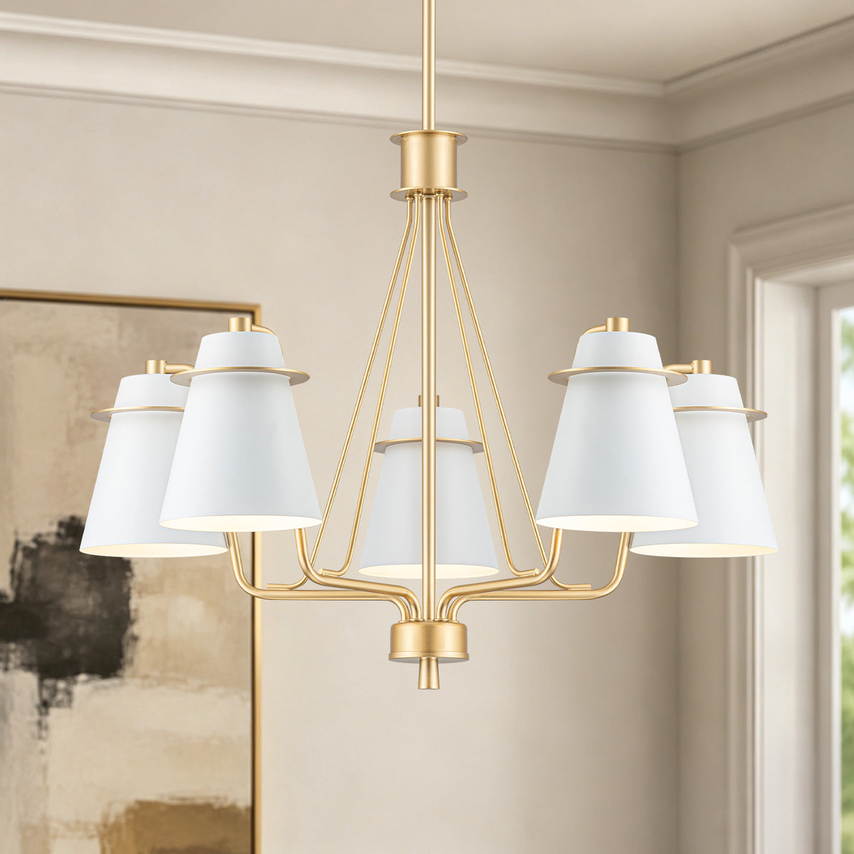 5-Light Gold Chandelier Matte White Conical Shades Pendant Light - product image 2 | Zenvolit