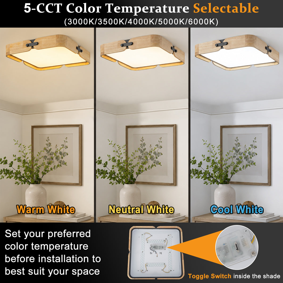 Natural Wood Square Flush Mount LED Ceiling Light Triac Dimmable Lamp - product image 3 | Zenvolit