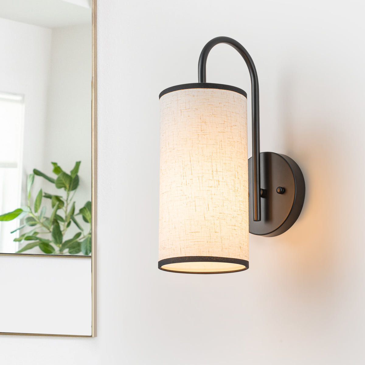 1-Light Farmhouse Matte Black Wall Sconce with Beige Linen Shade - product image 2 | Zenvolit