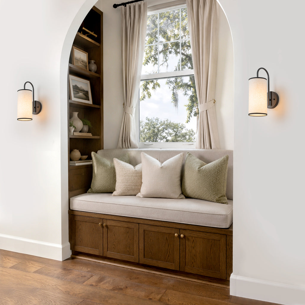 1-Light Farmhouse Matte Black Wall Sconce with Beige Linen Shade - product image 10 | Zenvolit