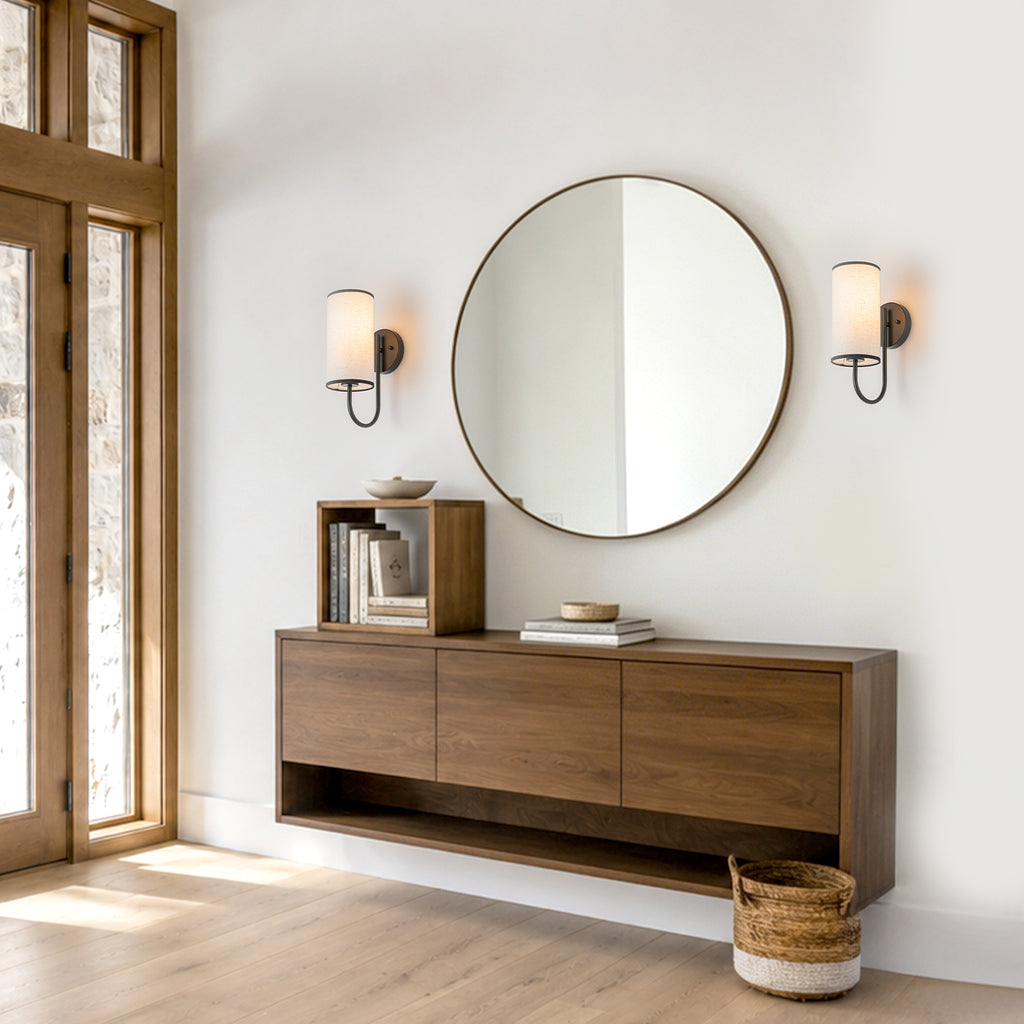 1-Light Farmhouse Matte Black Wall Sconce with Beige Linen Shade - product image 11 | Zenvolit