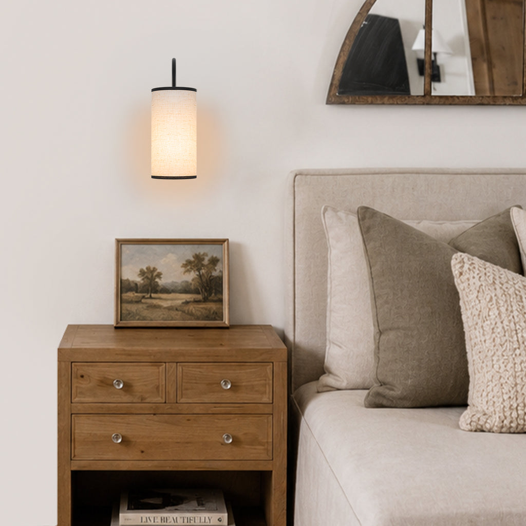1-Light Farmhouse Matte Black Wall Sconce with Beige Linen Shade - product image 12 | Zenvolit