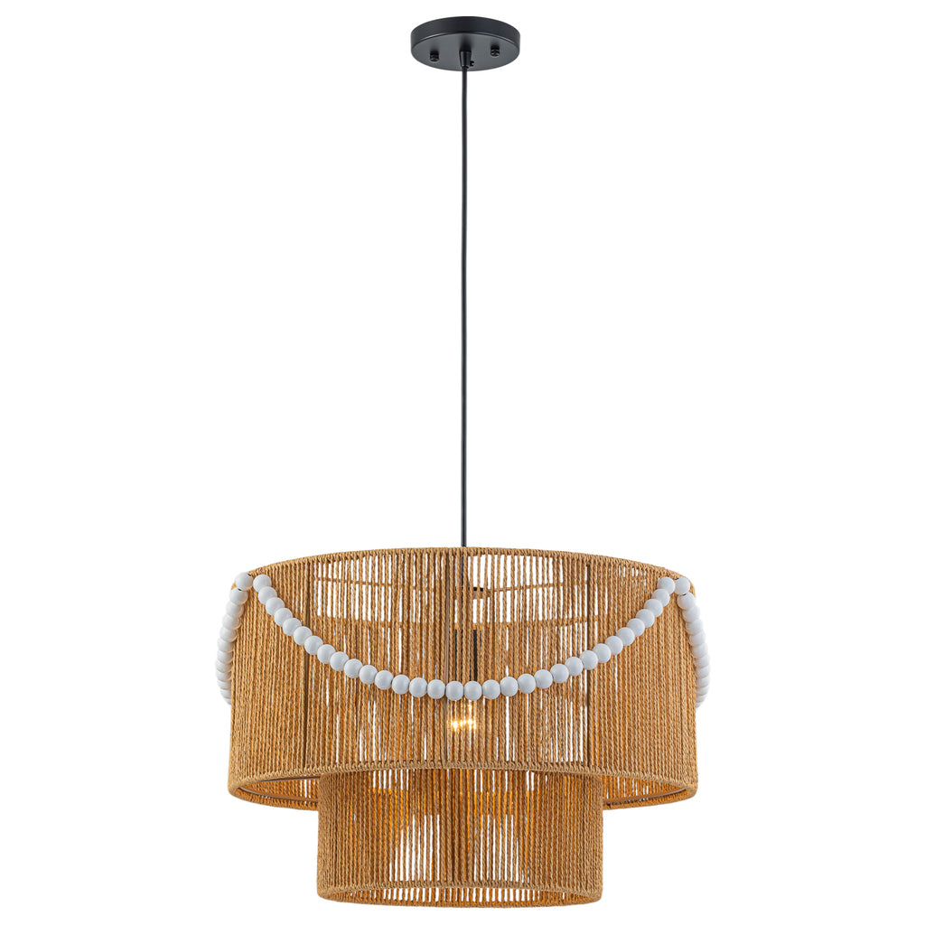 Two-Tier Woven Paper Rattan Pendant Light Boho Coastal Wooden Bead - product image 1 | Zenvolit