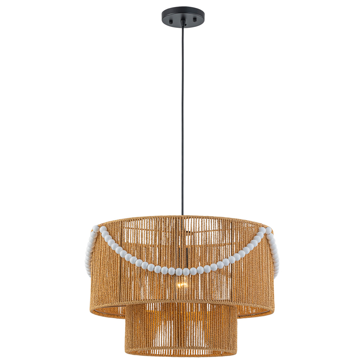 Two-Tier Woven Paper Rattan Pendant Light Boho Coastal Wooden Bead - product image 1 | Zenvolit
