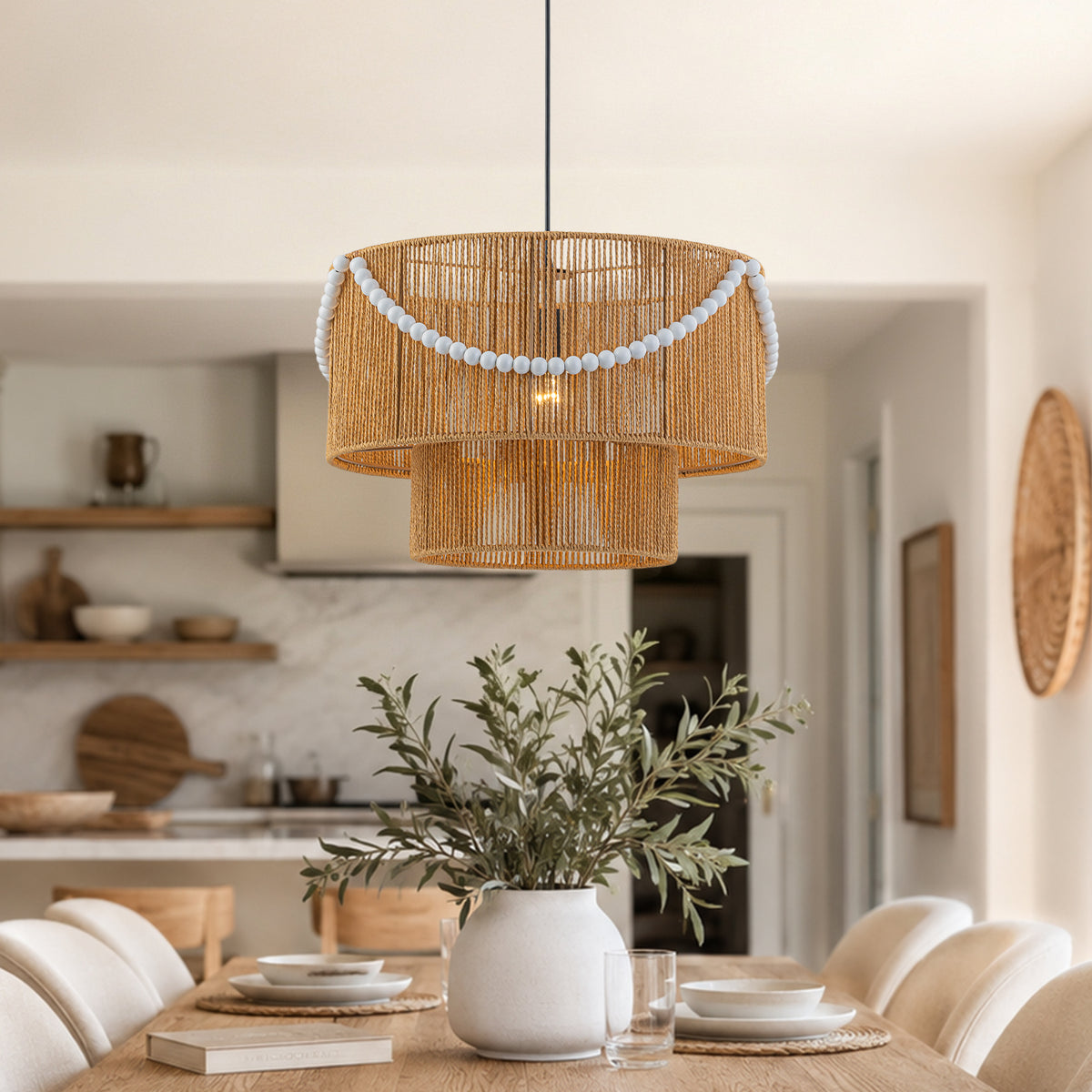 Two-Tier Woven Paper Rattan Pendant Light Boho Coastal Wooden Bead - product image 2 | Zenvolit