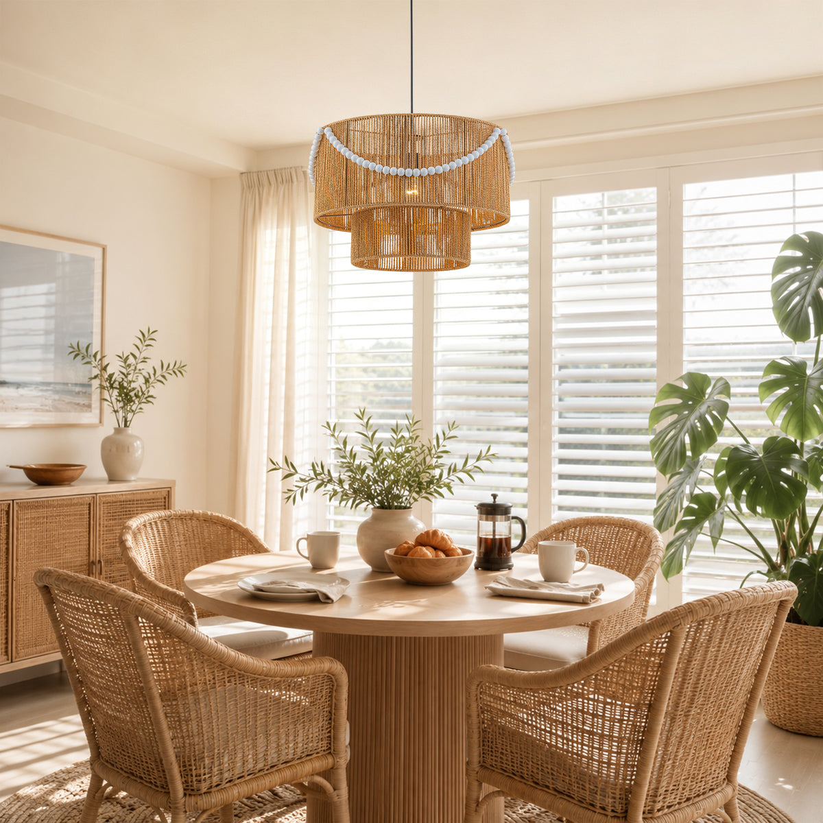 Two-Tier Woven Paper Rattan Pendant Light Boho Coastal Wooden Bead - product image 3 | Zenvolit