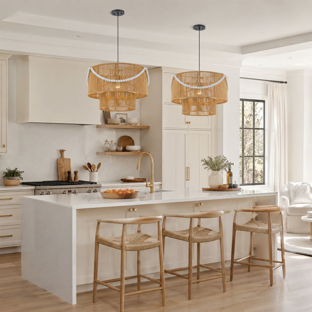 Two-Tier Woven Paper Rattan Pendant Light Boho Coastal Wooden Bead - product image 5 | Zenvolit