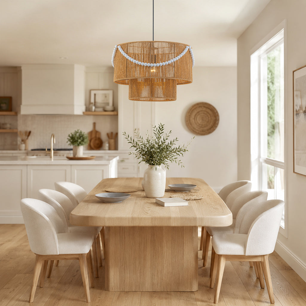 Two-Tier Woven Paper Rattan Pendant Light Boho Coastal Wooden Bead - product image 6 | Zenvolit