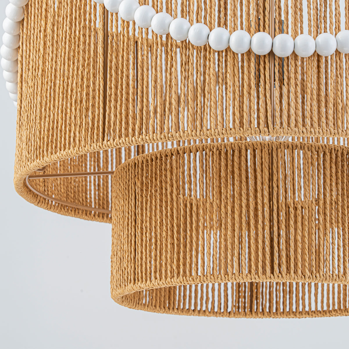 Two-Tier Woven Paper Rattan Pendant Light Boho Coastal Wooden Bead - product image 9 | Zenvolit
