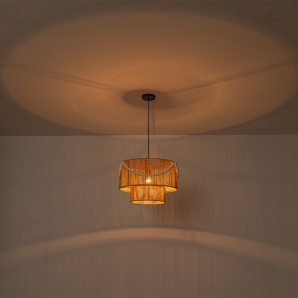 Two-Tier Woven Paper Rattan Pendant Light Boho Coastal Wooden Bead - product image 12 | Zenvolit