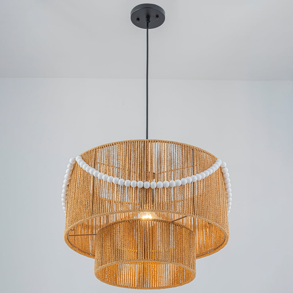 Two-Tier Woven Paper Rattan Pendant Light Boho Coastal Wooden Bead - product image 13 | Zenvolit