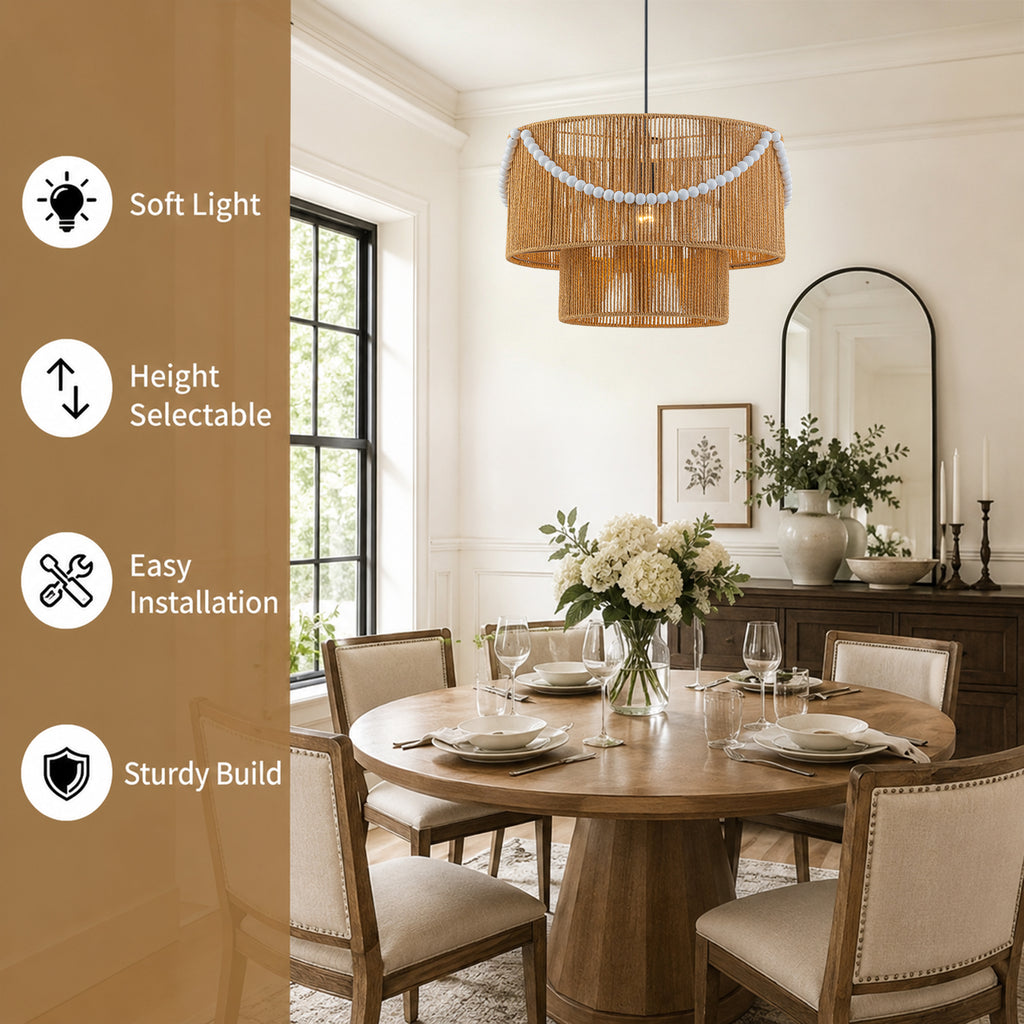 Two-Tier Woven Paper Rattan Pendant Light Boho Coastal Wooden Bead - product image 15 | Zenvolit